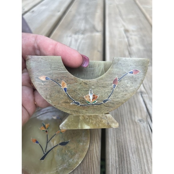 Soap Stone Coaster Set Of 4 With Mother Of Pearl Inlay Of Flowers Mint Condition - Picture 5 of 16